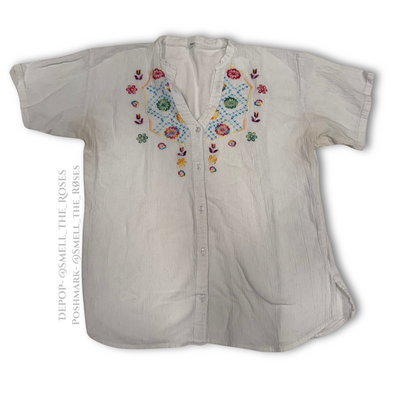 Embroidered White Linen Button Up