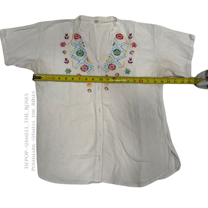 Embroidered White Linen Button Up