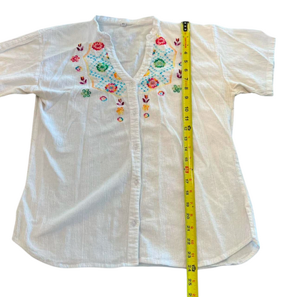 Embroidered White Linen Button Up